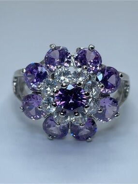 Swarovski Crystal Elements Amethyst Purple White Crystal Flower Ring Sz 10 Bold